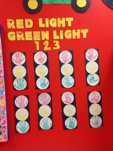 Handprint traffic lights Traffic Light Bulletin Board Ideas, Traffic Craft Preschool, Traffic Light Art Preschool, Traffic Light Activity For Kids, Traffic Signal Activity For Preschool, Traffic Light Template, Street Safety, Infant Curriculum, Safety Crafts