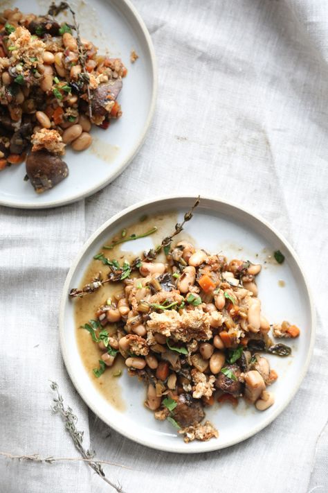 Vegetarian Cassoulet with Mushrooms and Chard - Feed Me Phoebe Vegetarian Cassoulet Recipe, Vegetarian Cassoulet, Zone Diet Recipes, Blue Zones Diet, Blue Zones Recipes, Zone Recipes, Vegetarian Thanksgiving Recipes, Vegan Main Course, Zone Diet