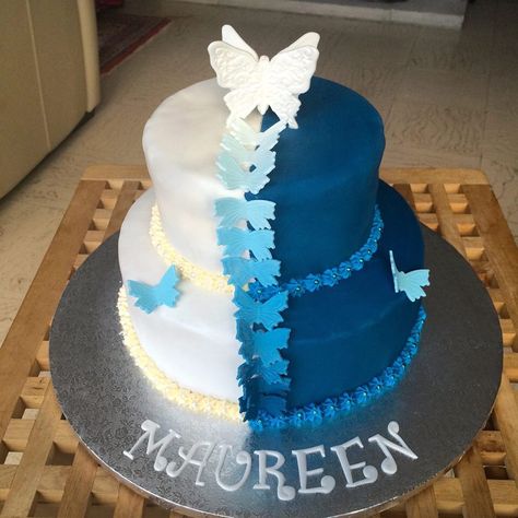 A very simple two tiered butterfly themed birthday cake in white and navy blue Blue And White Cakes, Butterfly Themed Birthday Cake, Butterfly Birthday Theme, Birthday Things, Two Tier Cake, White Cakes, Butterfly Cake, Butterfly Blue, Butterfly Cakes