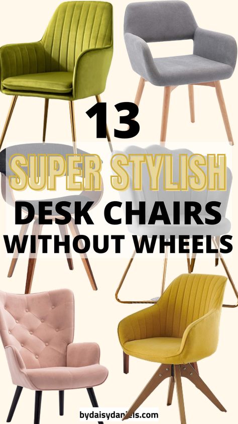 Looking for the perfect desk chair, but don't want the wheels? Here are 13 super stylish desk chairs without wheels, you're going to love. Swivel Office Chair No Wheels, Home Office Chair No Wheels, Modern Office Chair No Wheels, Boho Swivel Desk Chair, Comfortable Desk Chair No Wheels, Desk Chair For Small Space, Small Desk Chairs For Bedroom, Upholstered Desk Chair No Wheels, Desk Chairs Without Wheels