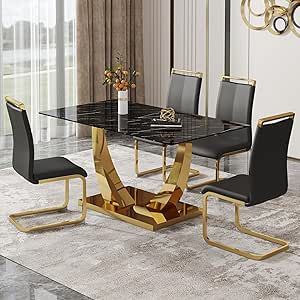 Rectangle Kitchen Table, Dining Table Gold, Modern Kitchen Tables, Leather Chairs, Dining Room Table Set, White Table Top, Kitchen Table Settings, Gold Chrome, Leather Dining Chairs