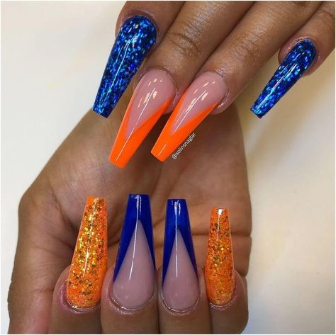 40 Royal Blue Nails Ideas you should try this year Royal Blue Nails Designs, Royal Blue And Orange, Nail Art Bleu, Fly Nails, Orange Nail Art, Orange Acrylic Nails, Blue And Silver Nails, Blue Ombre Nails, Eyelash Mascara