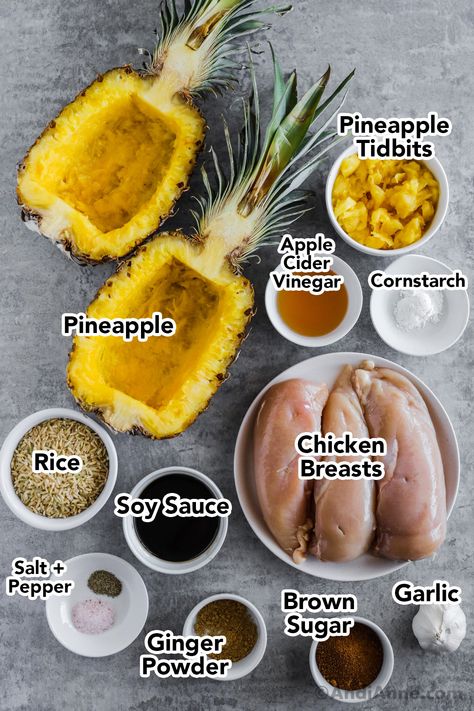 Sides For Pineapple Chicken, Stuffed Pineapple Bowls Chicken, Pineapple Teriyaki Chicken Air Fryer, Teriyaki Chicken Meal Ideas, Pineapple Terriaki Sauce, Pineapple Chicken Bowl Recipe, Pineapple Boats Recipes Teriyaki Chicken, Hawaiian Teriyaki Chicken Bowl, Teriyaki Chicken Pineapple Rice Bowl