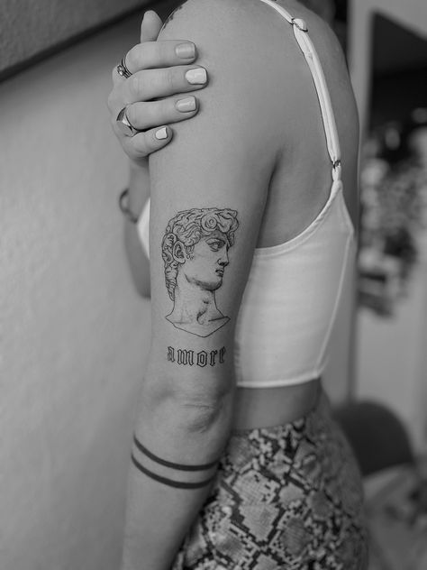 Michelangelo Tattoo David, Statue Of David Tattoo Outline, Michael Angelo David Tattoo, Michangelo Tattoo, David Tattoo Michelangelo, Roman Bust Tattoo, Michaelangelo Tattoos, Rome Inspired Tattoos, David Statue Tattoo