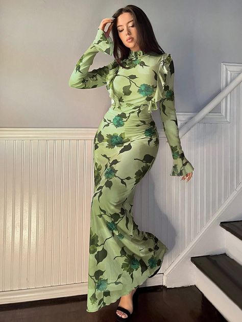 Multicolor Elegant Collar Long Sleeve Mesh Floral,Plants,All Over Print Bodycon,Fitted Embellished High Stretch  Women Clothing Elegant Floral Dress Long, Casual Bodycon Dress Outfit, Ruffle Dress Long Sleeve, Long Sleeve Ideas, Vintage Bodycon Dress, Long Ruffled Dress, Mesh Sleeve Dress, Casual Bodycon Dress, Bodycon Dress Outfit