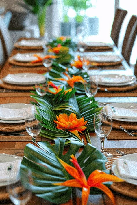 simple tropical themed dining table Tropical Dinner Party, Tropical Dinner, Tropical Centerpieces, Tropical Theme Party, Tropical Showers, Dinner Party Table Settings, Hawaiian Luau Party, Beach Table, Fiesta Tropical