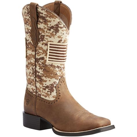 Show the Patriot in you in these  10023368 Ariat Women's Round Up Patriot Western Boots.  These boots feature an American flag and camo pattern in supple suede and leather, plus innovative comfort technology for all-day wearability.   11" Full Grain Leather Foot with Printed Camo Upper Option Synthetic Lining American Flag Overlay Detailing Ariat 4LR™ Technology for Support and Cushioning Duratread™ Outsole Provides Maximum Wear Resistance and Flexibility  10023368 Ariat Women's Roun Cowgirl Boots Square Toe, Ariat Boots, Estilo Country, Leather Western Boots, Western Boots Women, Square Toe Boots, Justin Boots, Cow Girl, Cowboy Boots Women