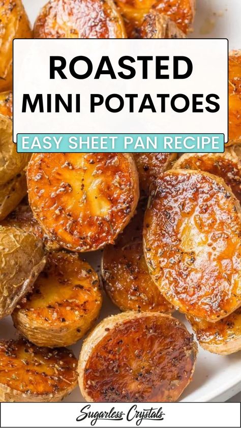 Discover the art of creating the crispiest, buttery, and delicious roasted mini potatoes with our sheet pan recipe! Master the techniques and learn some pro tips for cooking perfect roast potatoes every time. Your dinner table will never be the same after trying out this mouth-watering side dish! Roasted Potato Sheet Pan Dinner, Roast Mini Potatoes In The Oven, Little Roasted Potatoes In Oven, Baked Mini Potatoes In The Oven, Sheet Pan Roasted Potatoes, Sheet Pan Potatoes, Roasted Mini Potatoes, Pan Roasted Potatoes, Baked Red Potatoes