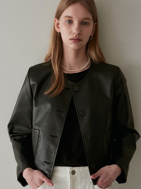 Editor's NotesIt's a leather jacket highlighting a neat no-collar neck design. It is the right thickness that is good to wear during the change of seasons. Both side front pocket details add practicality  and the built-in shoulder pads provide a stable silhouette. It's a vegan leather jacket with a subtle gloss.- Leather jacket without collar neck- Good to wear during the change of seasons- Side front pocket details- Built-in shoulder padsMeasurements (in.)One Size (xs-m)- Length: 19.7 in.- Shou Jacket Without Collar, Change Of Seasons, Leather Jacket Dress, Leather Jacket Outfits, Vegan Leather Jacket, Collar Neck, Casual Work Outfits, Brown Leather Jacket, Leather Blazer