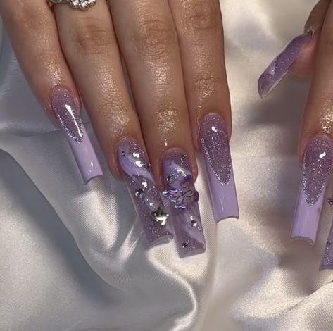 Medium Lilac Nails, Prom Purple Nails, Purple And Silver Nails Acrylic, Purple Butterfly Quinceanera, Quinceanera Aesthetic, Prom Purple, Purple And Silver Nails, Dark Purple Nails, Quince Themes