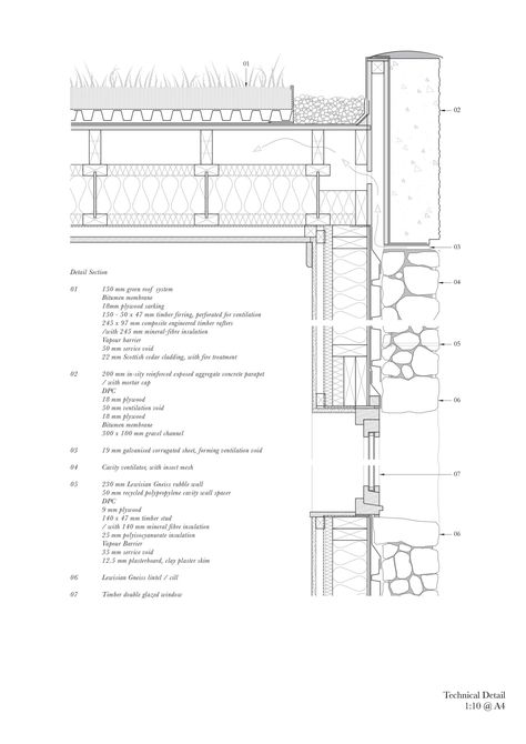 Technical Architecture, Green Roof System, Scottish House, Building Foundation, Window Detail, Timber Walls, Stone Facade, Architectural Floor Plans, Stone Architecture