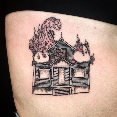 House Burning Tattoo, House Fire Tattoo, House On Fire Tattoo, Burning House Tattoo, House Tattoos, House Tattoo, Burning House, Work Tattoo, Fire Tattoo