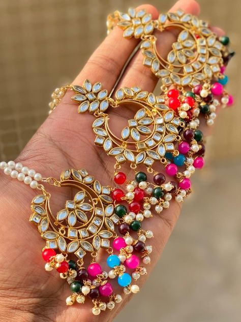 Chandbali Earrings Kundan, Multi Colour Earrings, Punjabi Jewellery, Earrings Kundan, Maang Tika, Mang Tikka, Mom Daughter Outfits, Daughter Outfits, Chandbali Earrings