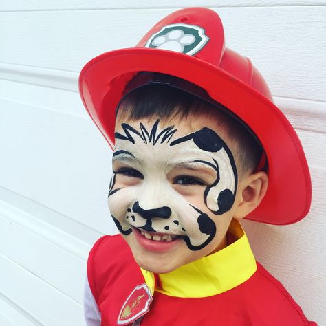 Marshall from Paw Patrol face painting Paw Patrol Face Paint, Dog Face Paints, Paw Patrol Costume, Dog Makeup, Face Painting For Boys, Paw Painting, Dogs Paw, Ideas For Dogs, Marshall Paw Patrol