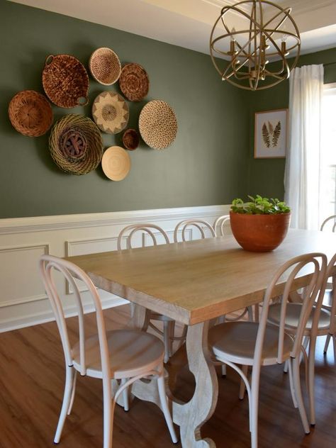 Eclectic Green Dining Room | HGTV Green Rustic Dining Room, Half Green Wall Dining Room, Boho Green Dining Room, Avocado Green Dining Room, Green And Yellow Dining Room, Pale Green Dining Room, Light Green Dining Room Walls, Sage Green Dining Room Decor, Nature Inspired Dining Room