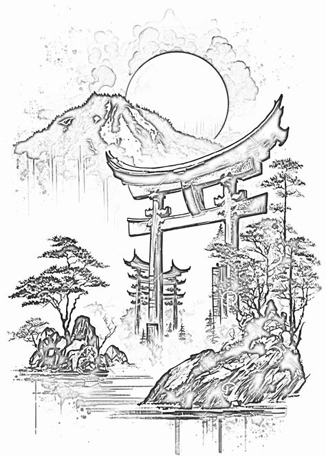 Torri Gate Tattoo, Tori Gate Tattoo, Torii Gate Tattoo, Anime Sleeve, Tori Gate, Japanese Gate, Beautiful Japanese Gardens, Harry Potter Art Drawings, Half Sleeve Tattoos Drawings