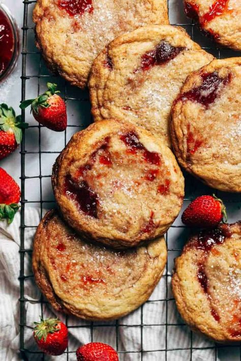 Strawberry Jam Swirl Cookies, Double Strawberry Sugar Cookies, Cookies With Jam In The Middle, Jam Sugar Cookies, Strawberry Sugar Cookie Recipe, Cookie Variety, Butternut Bakery, Summer Cookie, Strawberry Sugar Cookies