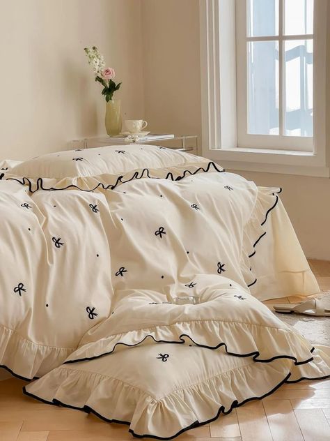 Shop Ever Lasting's high quality, soft, cozy and stylish bedding sets and start your next room makeover. Buy Silky Ribbon Ruffle Bedding Set / Cream White and enjoy its softness and quality. Our collections include duvet covers, comforters and bed sheets. Enjoy free US and international shipping. Cute Bedding For Full, Silk Ruffle Bedding, Full Bed Sheets Aesthetic, White Aesthetic Bedding, Twin Bed Sheets Aesthetic, Full Bed Comforter Sets, Bedings Ideas Aesthetic, Trendy Bedding Comforter Sets, Pink Bed Ideas