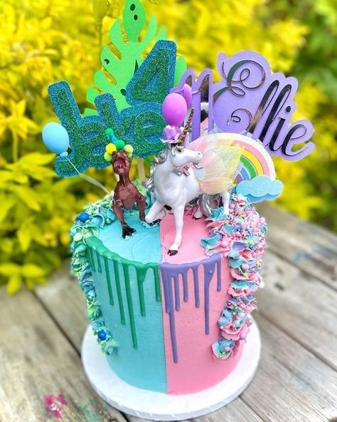 Dinosaur And Unicorn Birthday Party, Unicorn Birthday Party Cake, Twin Birthday Cakes, Dragon Birthday Parties, Dino Cake, Dinosaur Cake Toppers, Dinosaur Birthday Cakes, Dragon Birthday, Unicorn Cake Topper