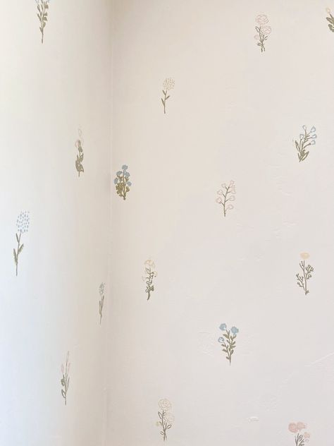 Wall Stencils in June's Room — Hannah Westby Flower Wall Stencil Bedrooms, Floral Stencils For Walls, Handpainted Nursery Wall, Stencil Nursery Wall, Stenciled Nursery Wall, Hand Stamped Wall, Wall Paint Stencil Ideas, Diy Wallpaper Stencil, Baby Murals Nursery