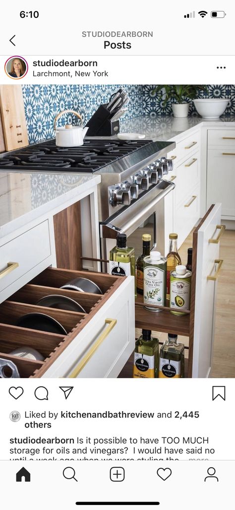 I would like a wide enough pull out drawer for cooking oils and sprays (olive oil, avocado oil, sesame oil, cooking sprays, etc). Would need to be big enough for Costco sized products Spice Storage Solutions, Pull Out Drawer, Kitchen Drawer Organization, Spice Storage, Cooking Oils, Oil Storage, Kitchen Storage Solutions, Vertical Storage, Kitchen Plans