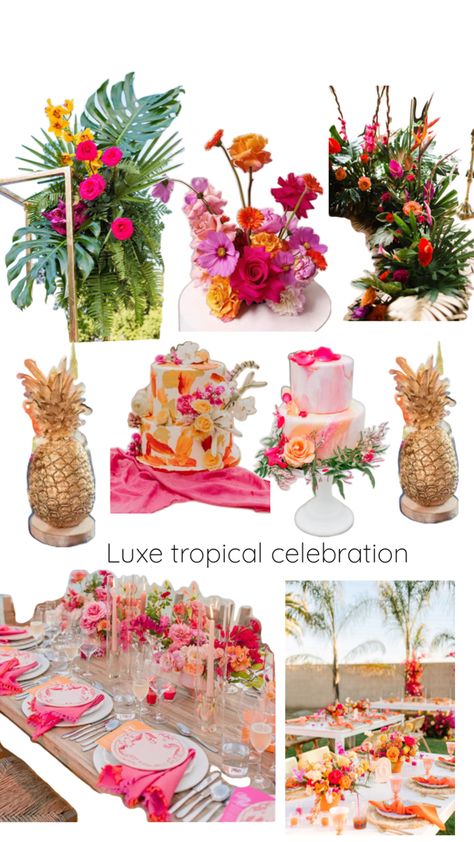 Table styling and event decor inspo with bright and colourful shades of pink and orange with tropical palms. Perfect table scape and colour palette for a celebration in the tropics. Tropical Luxe, Shades Of Pink And Orange, Table Scape, Table Styling, Wedding Aesthetic, Tropical Decor, Shades Of Pink, Table Style, Colour Palette