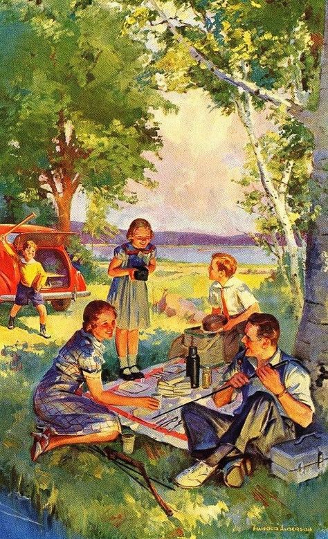 Family Picnic - Harold Anderson Vintage Picnic, Family Picnic, Vintage Camping, Norman Rockwell, Vintage Life, A Picnic, Childrens Illustrations, Vintage Pictures, Pulp Fiction