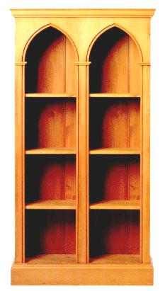 Gothic Gothique wooden pine double bay bookcase Gotik Style, Dnd Room Ideas, Gothic Bookshelves, Painted Bookcases, Gothic Bookcase, Medieval Bedroom, Dnd Room, Medieval Home Decor, Dollhouse Library