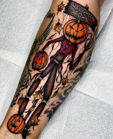 Scarecrow Tattoo, Fall Tattoos, Jack Skellington Tattoo, Halloween Tattoos Sleeve, Tim Burton Tattoo, Jack Tattoo, Lantern Tattoo, Pumpkin Tattoo, Autumn Tattoo