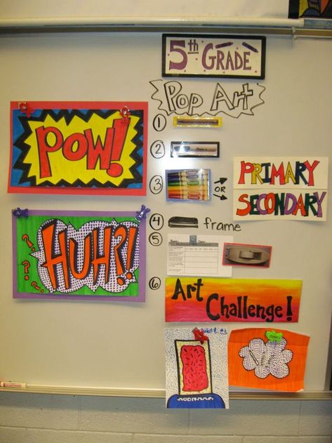 5th Grade Roy Lichtenstein Pop Art Words | Jamestown Elementary Art Blog | Bloglovin’ Pop Art Words, Roy Lichtenstein Pop Art, Lichtenstein Pop Art, Classe D'art, Pop Art For Kids, Art Words, Elementary School Art, Middle School Art Projects, Art Projects For Teens