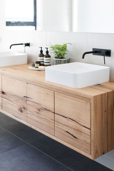 Timber Bathroom Vanities, Timber Vanity, Bad Inspiration, Bathroom Design Inspiration, Custom Vanity, Wooden Bathroom, Bathroom Trends, Laundry In Bathroom, Bathroom Style