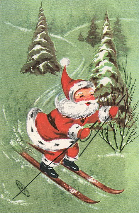 Ski Santa Vintage Holiday Cards, Vintage Christmas Card, Vintage Christmas Images, Christmas Graphics, Old Christmas, Images Vintage, Old Fashioned Christmas, Christmas Past, Christmas Memory