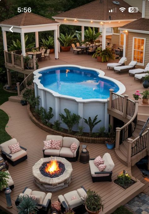 Backyard Landscaping Designs Above Ground Pool, Above Ground Pool Off Back Deck, Backyard Deck With Pool, Outdoor Pool Area Ideas Backyard Designs, Back Deck With Pool, Pool With Deck Above Ground, Outside Pool Area Ideas, House Pool Ideas, Backyard Patio Designs With Pool