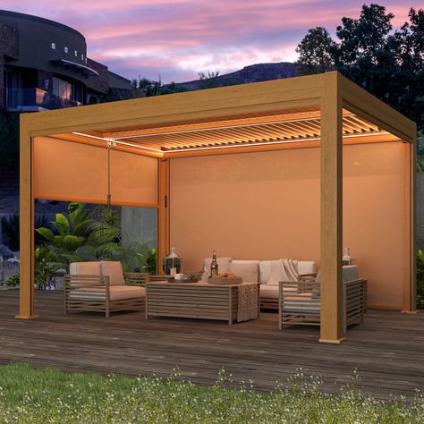 Metal Louvered Pergola Garden Furniture Pergola Motorized Roller Curtain With LED Lights - AliExpress Roller Curtain, Outdoor Sunroom, Wall Mounted Pergola, Pergola Outdoor, Pergola Gazebo, Louvered Roof, Steel Gazebo, Deck Canopy, Aluminum Gazebo