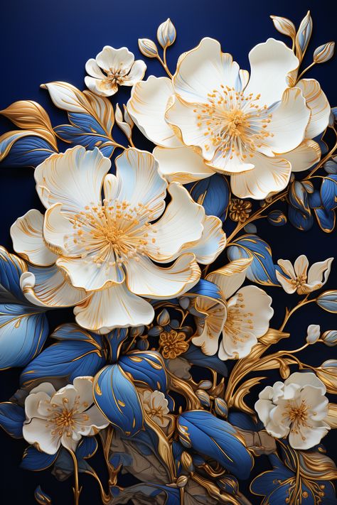 Blue And Gold Flower Wallpaper, Blue And Gold Floral Wallpaper, Blue And Gold Flowers, Computer Images, Vintage Sewing Kit, Wood Dragon, Orchids Painting, Goddess Athena, Chinese Aesthetic