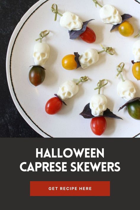 Halloween Antipasto Skewers, Skeleton Caprese Salad, Halloween Cheese Platter Ideas, Skull Caprese Skewers, Halloween Skewers Ideas, Halloween Canapes Ideas, Halloween Party Orderves, Spooky Caprese Salad, Halloween Caprese Skewers