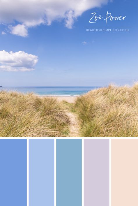 This colour palette was inspired by the beautiful blue skies and aqua blue seas at Gwithian beach in Cornwall, viewed through the sand dunes. Available to buy as a print in a range of formats, as well as greeting cards, postcards, notebooks, stickers, tote bags, coasters and more. #colourpalette #colorpalette #pastel #blue #beach #vacation #sky #summer #skyblue Beach Colour Palette, Beach Color Palettes, Names List, Hydrangea Colors, Pastel Sunset, Sky Summer, Color Board, Palette Art, Power Colors