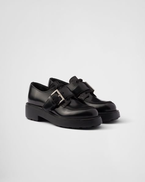 Black Brushed Leather Lace-up Shoes | PRADA Buckle Loafers, Ballerina Slippers, Shoes Prada, Engraved Metal, Loafer Shoes Women, Lace Up Flats, Large Wallet, Metal Engraving, Driving Shoes