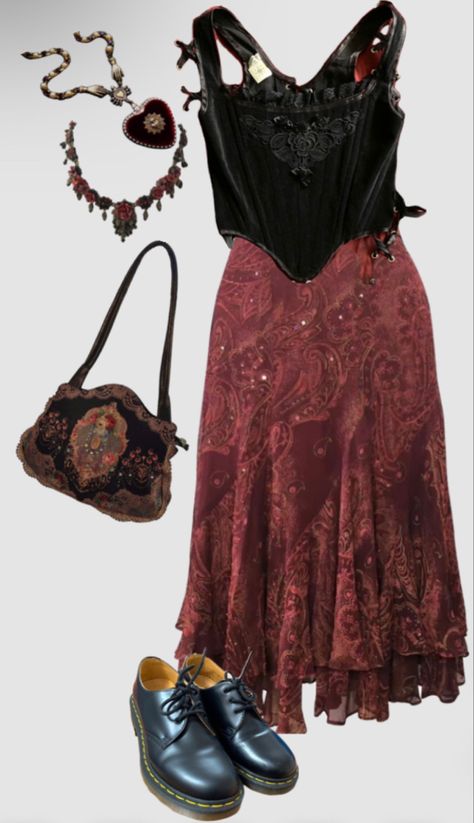 Whimsical Witchy Outfits, Whimsical 90s Outfits, Hadestown Aesthetic Outfit, Whimsigoth Corset Outfit, Lena Duchannes Inspired Outfits, Southern Gothic Outfit Aesthetic, Vintage Whimsigoth Fashion, Witchcore Fashion Aesthetic, Red Whimsigoth Outfit