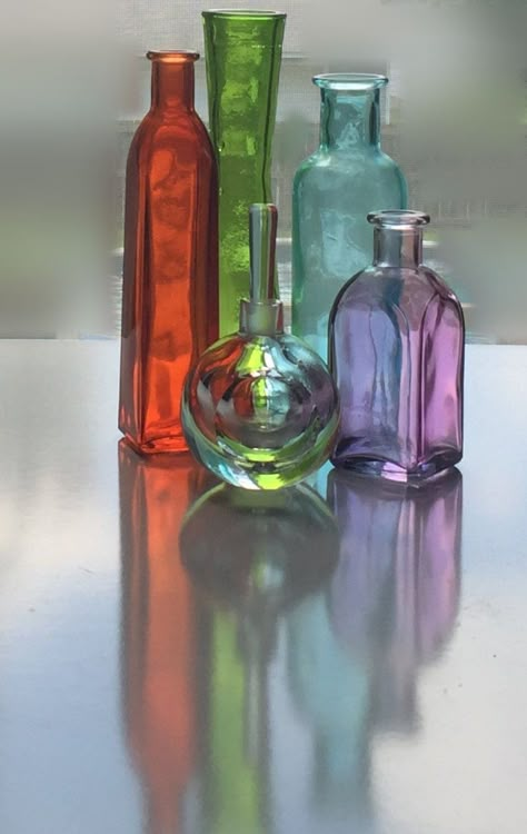 Glass Bottles - Still Life - - Gallery - Kathy Throop | pmp-art.com Still Lifes Photographs, Reflective Still Life, Still Life Reflection, Glass Blowing Ideas, Glass Still Life, Reflection Drawing, Still Life References, Igcse Art, Colored Glass Bottles