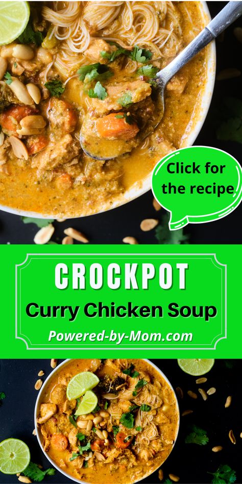 This slow cooker Thai Curry Chicken Soup is packed full of flavour, will fill your belly and warm you up from head to toe. The combination of the curry paste, coconut milk, lime juice, ginger and cilantro make for one delicious soup, your tastebuds will thank you. Make sure to check out this recipe now! Crockpot Thai Chicken Curry, Crockpot Thai Chicken, Slow Cooker Thai Curry, Thai Chicken Curry Soup, Crockpot Thai, Curry Chicken Soup, Thai Curry Chicken, Thai Curry Soup, Slow Cooker Thai