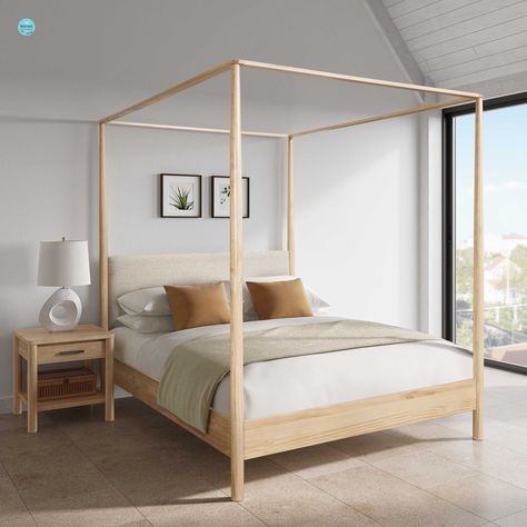 Discover the Bloomfield series, one of our beloved bedroom styles, now with a stunning canopy frame. With its charming tubular wood structure and a soft fabric-covered headboard, it infuses your bedroom with a serene, Zen-like ambiance. Offered in Queen size with a beautiful Natural Pine wood finish. Plus, it's easy to assemble! #newpacificdirect #bedroomfurniture Turned Post Bed, Covered Headboard, Fabric Covered Headboard, Queen Bed Set, Queen Canopy Bed, Post Bed, Canopy Frame, Custom Headboard, Platform Bed With Storage