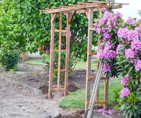 A DIY garden arch made with redwood Garden Arches Ideas Backyards, Rose Arches Garden, Garden Arches Ideas, Diy Garden Arch, Garden Arch Ideas, Arches Garden, Diy Arbour, Flower Arches, Garden Archway