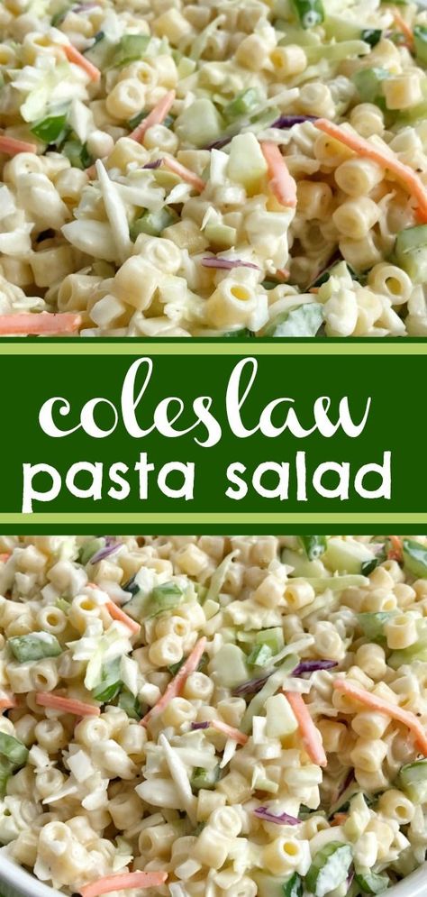 Coleslaw Pasta Salad | Pasta Salad | Side Dish | Coleslaw pasta salad is a fun twist to traditional pasta salad. Loaded with texture, taste, and fabulous crunch. This is the perfect side dish for a summer bbq, picnic, or potluck! It can be made ahead of time too. #pastasalad #sidedish #saladrecipes #bbq #pastasaladrecipes Coleslaw Pasta Salad, Coleslaw Pasta, Traditional Pasta Salad, Salad Kale, Traditional Pasta, Bbq Meatballs, Ditalini Pasta, Bbq Picnic, Best Pasta Salad