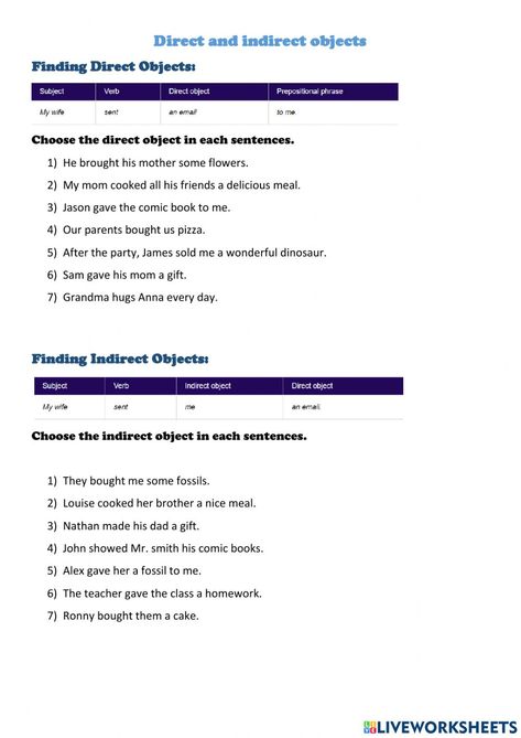 Direct And Indirect Objects Worksheet, Direct Object And Indirect Object, Indirect Object, Direct Object, Prepositional Phrases, English Grammar Worksheets, Subject And Verb, Forgot My Password, English As A Second Language (esl)