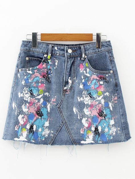 Shop Paint Splash Denim A Line Skirt online. SheIn offers Paint Splash Denim A Line Skirt & more to fit your fashionable needs. Skirt Painting, Painted Denim Skirt, Painted Skirt, Mode Harajuku, Summer Mini Skirt, Casual Denim Skirt, Mother Clothing, Mini Skirt Style, Denim Skirt Outfits