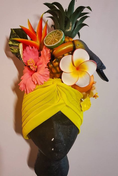 Well there's a cute toucan on this turban  Super cute flowers Faux fruit Toucan Ready to ship for Halloween Carmen Miranda Fruit Hat, Fruit Headpiece, Carmen Miranda Costume, Tiki Wedding, Fruit Hat, Halloween Office Party, Tiki Oasis, Fruit Costumes, Carnaval Costume