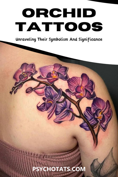 Orchid Tattoo Meaning Tattoo Ideas Female Orchid, Orchid Spine Tattoos For Women, Floral Thigh Tattoos Color, Realistic Orchid Tattoo, Orchid Shoulder Tattoo, Blue Orchid Tattoo, Purple Orchid Tattoo, Orchid Tattoo Meaning, Orchid Tattoos