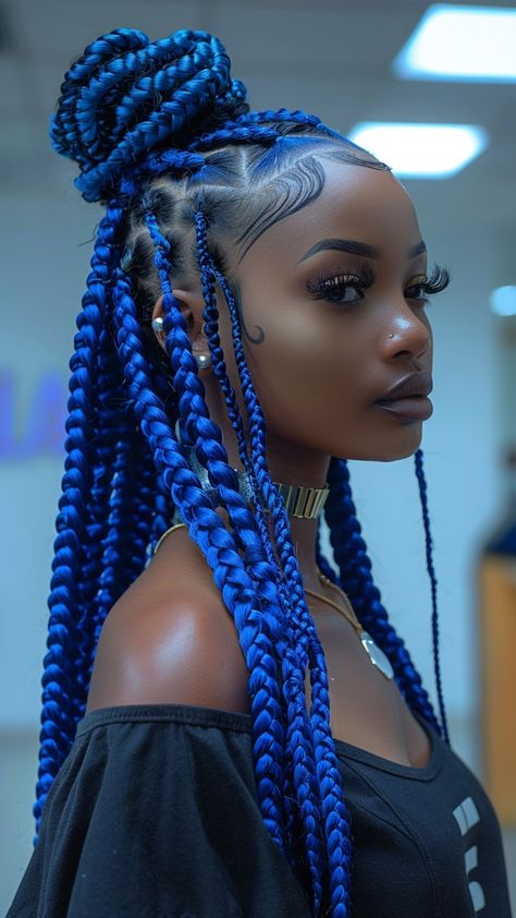 25 Revolutionizing Knotless Braid Color Innovations Jumbo Box Braids With Color, Different Color Knotless Braids, Blue Hairstyles For Black Women, Blue Goddess Braids, Blue Braids For Black Women, Black And Blue Braids, Box Braids Blue, Blue Hair Braids, Blue Knotless Braids