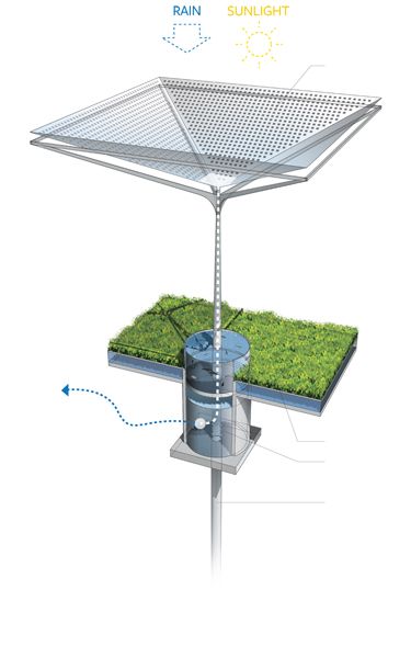 being able to incorporate the roof as a way to collect rainwater as well as to use photo voltaic cells to collect solar energy is a smart way to use every aspect of the architecture. Water Collection Roof, Rainwater Collection Architecture, Water Collection Architecture, Rainwater Uses, Rainwater Architecture, Roof Water Collection, Collecting Rain Water, Rainwater Harvesting Architecture, Energy Architecture